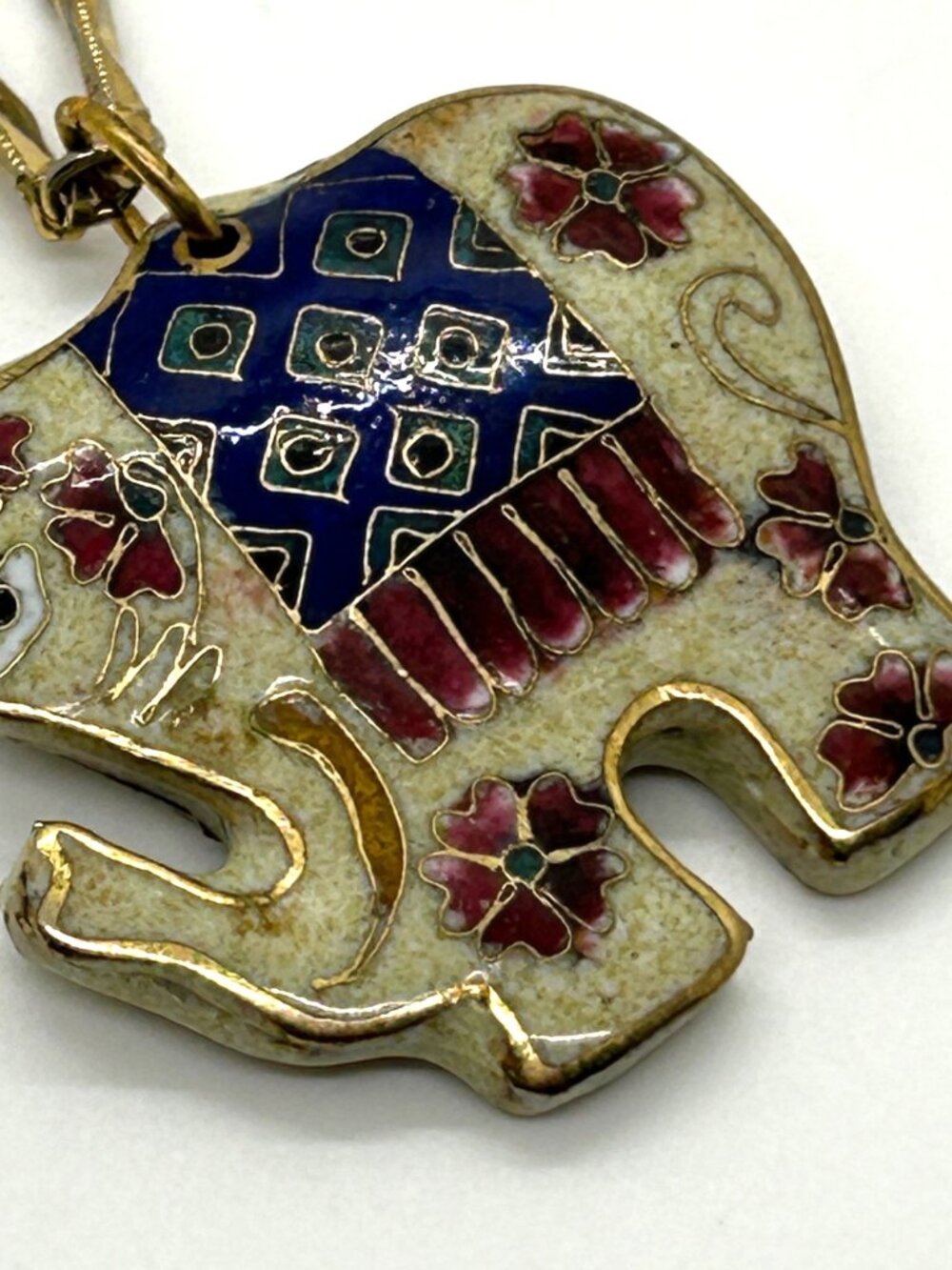 Vintage Ceramic Elephant Pendant Necklace Hand Paint Gold-tone Enamel Good Luck